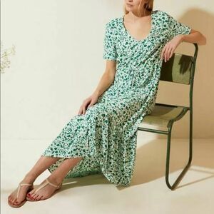 M&S X Ghost Ditsy Floral V Neck Tie Waist Green Midi Dress Sz 8